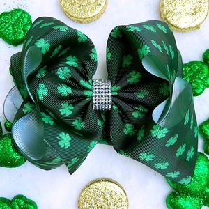 St Patricks Print Green Double Layer Hair Bow With Rhinestone